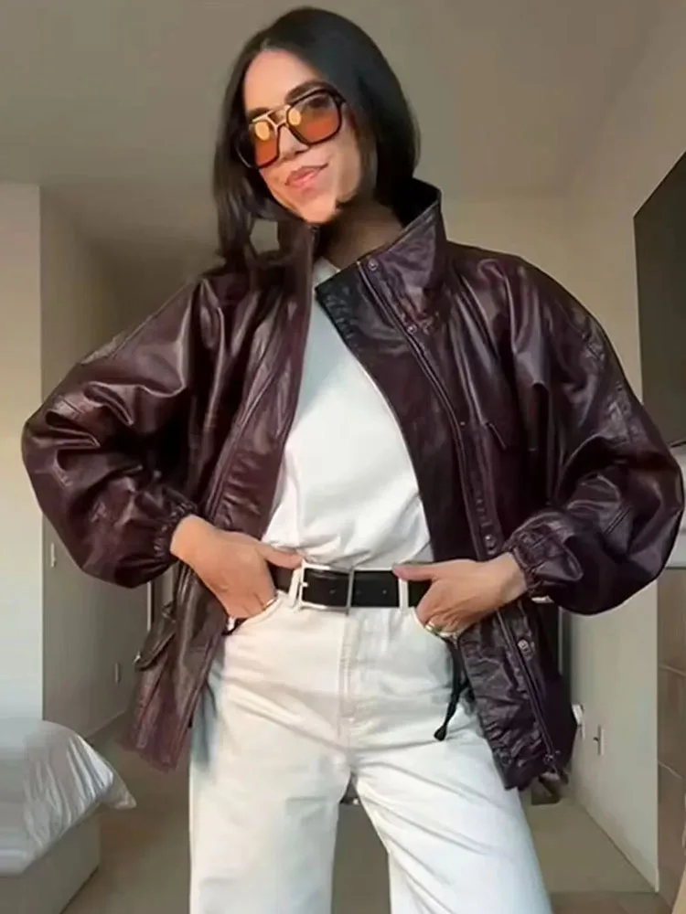 

Женская осенне-зимняя кожаная модная куртка на молнии с воротником-стойкой и длинным рукавом, карманное мотоциклетное пальто, уличный женский топ