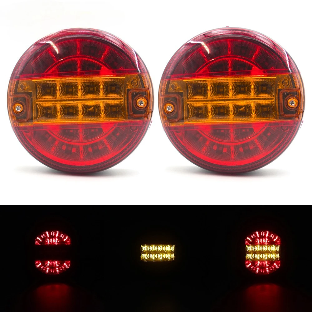 2x LED 12V 24V Round Car Tail Light Rear Stop Indicator Taillight Brake Stop Signal Hamburger Light Trailer Truck Caravan Lorry