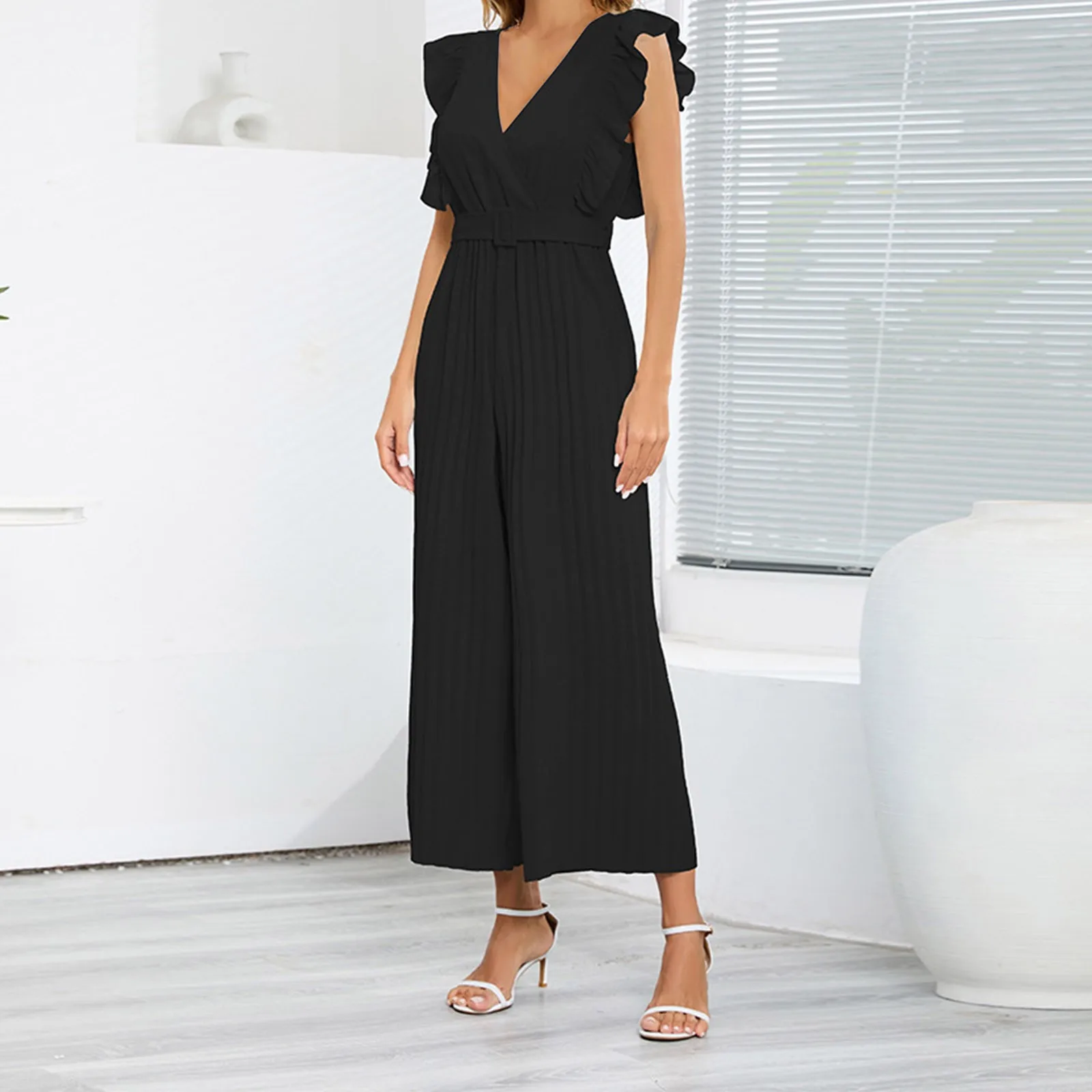 

Women's Jumpsuit Sexy Slim Temperament Jumpsuit High Waist Sleeveless Leaf V Neck Pleated Wide Leg Culottes Solid Sexy Elegant