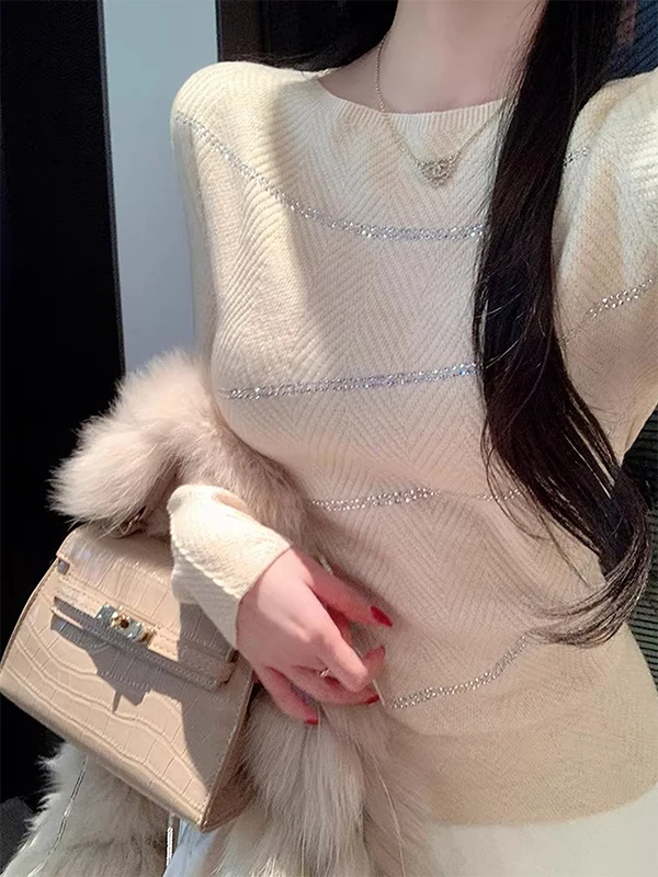 

Женский трикотажный свитер с пайетками, облегающий, с длинным рукавом, базовый слой, в корейском стиле, для повседневной носки, осенне-зимний, теплый