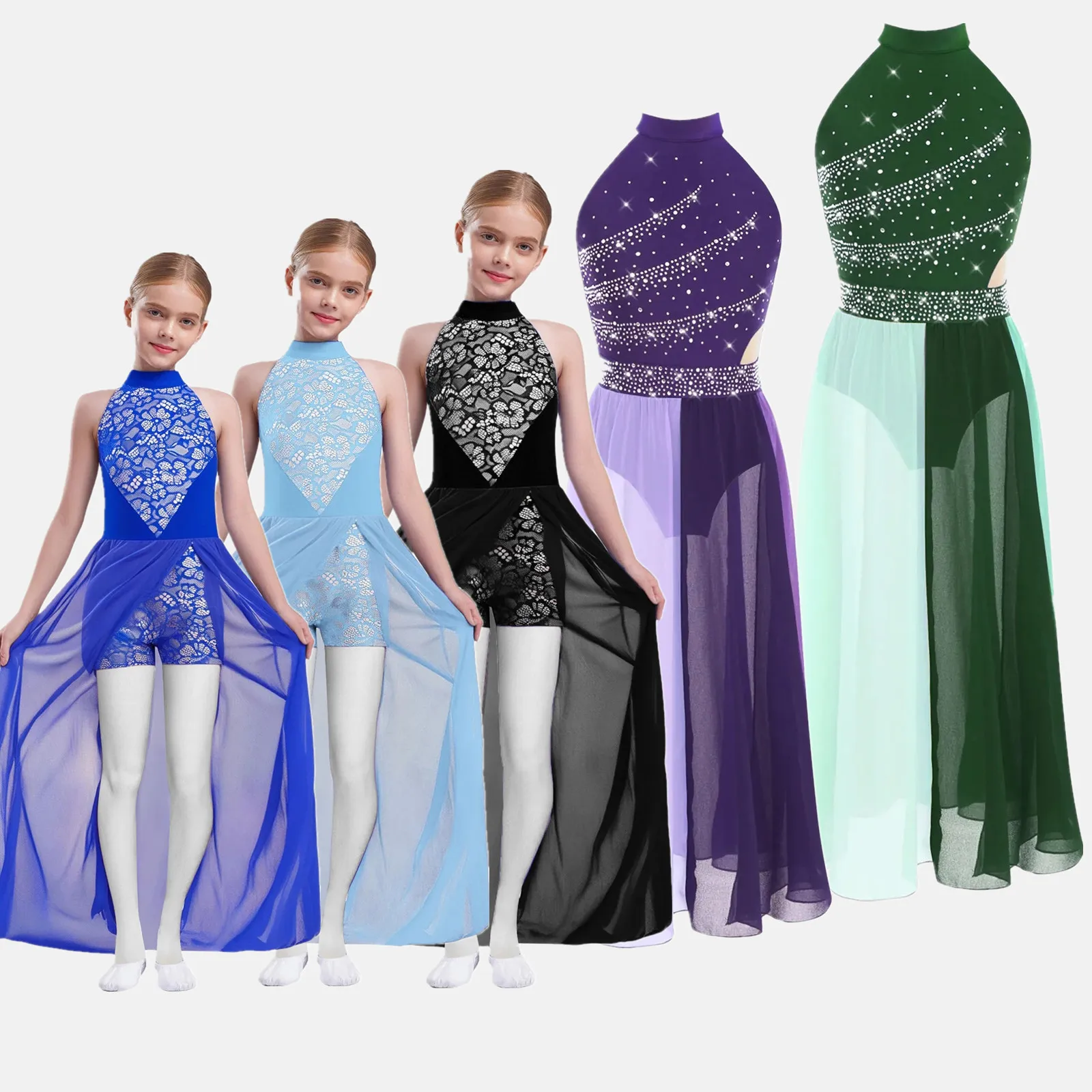 

Детское балетное платье для девочек, лирическое современное танцевальное платье с разрезом по бокам, блестящие стразы, гимнастический костюм для фигурного катания, танцевальная одежда
