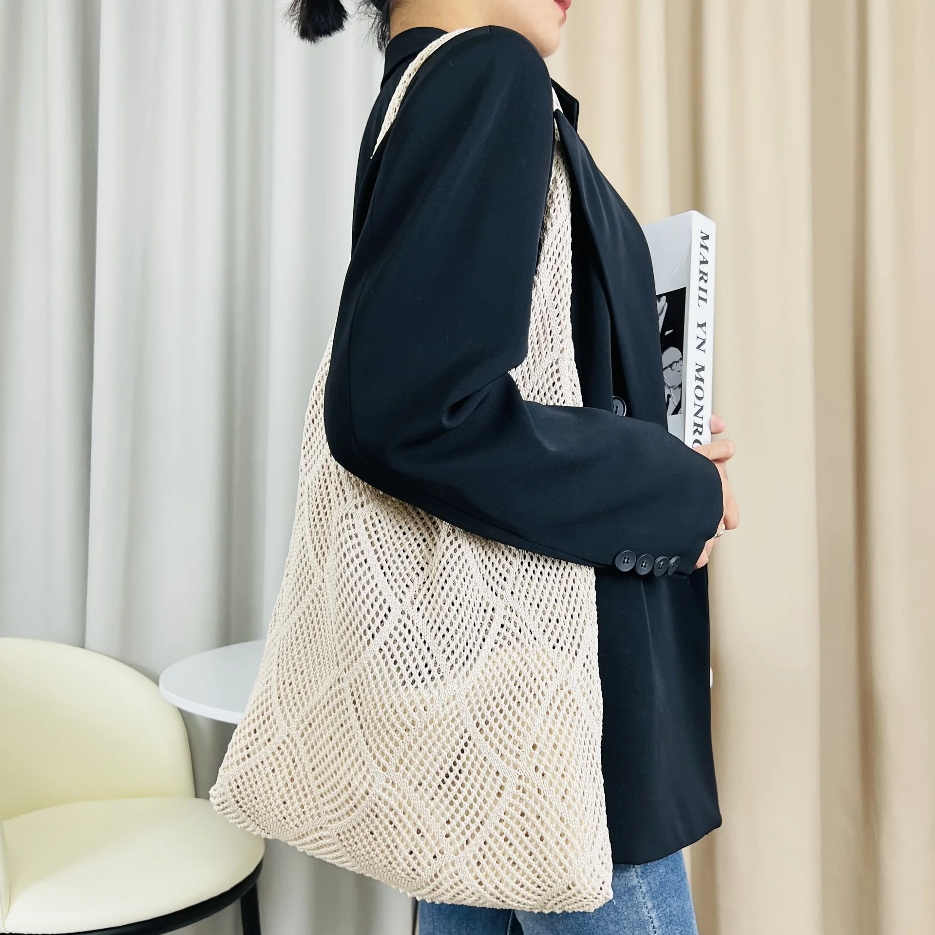 2023 New Bag, Japanese And Korean Tote Bag, Solid Color Bag, Knitted Bag, Hollow Bag, Woven Bag, Women's Bag Trend