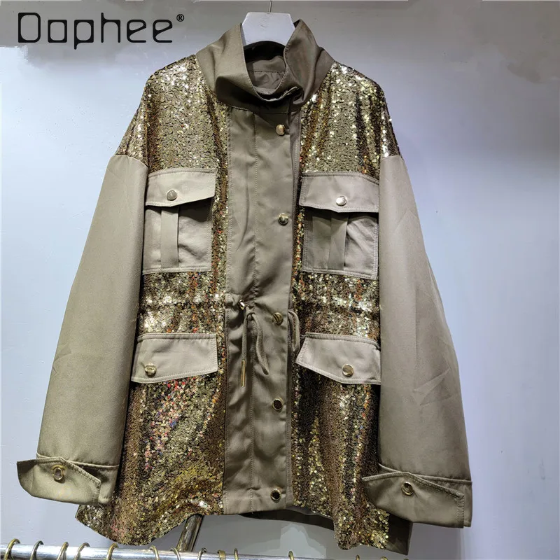 

Street Sequined Trench Coat Women Multi Pocket Drawstring Waist Mid Length Casual Jackets Autumn Clothing Windbreaker