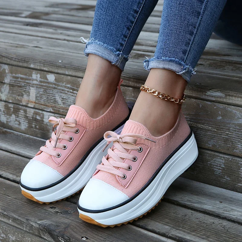 Large Women's Shoes 2024 Spring/Summer/Autumn New Mesh Elastic Lacing Increase Thick Sole Casual Women's Shoes