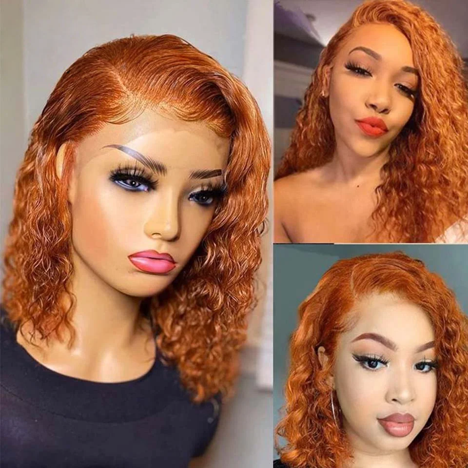 

Рыжий Оранжевый Глубокий Вьющийся Короткий Боб 13x4 Волна Воды Парик Фронта Шнурка Красновато-Коричневый 4X4 Парики Из Человеческих Волос Кружевной Застежки