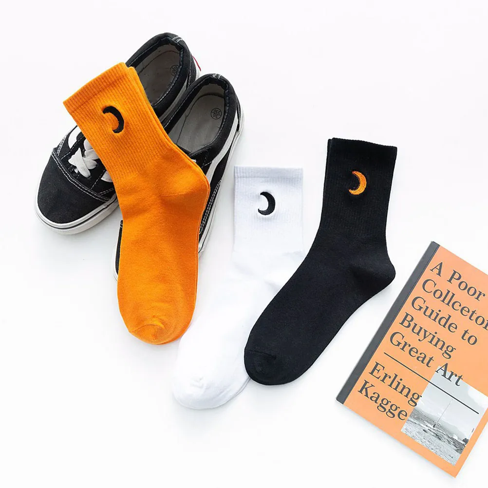

3Pairs Embroidery Moon Cotton Socks Breathable Absorbent Soft Mid Tube Socks for Women Daily Wear Sports Activities
