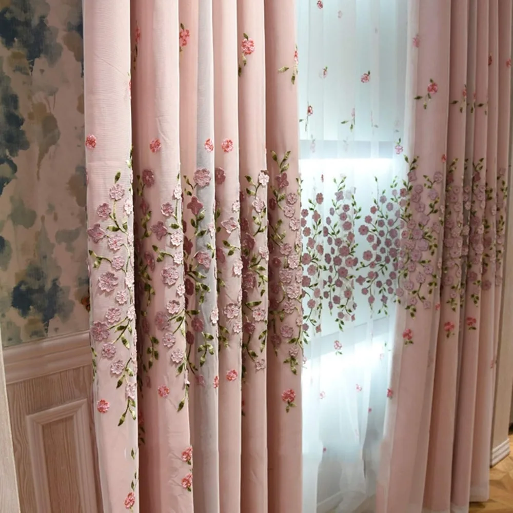 1 PC-Jacquard-Fenstervorhänge, romantischer Voile-Vorhang, doppellagige, mit Blumen bestickte Vorhänge, Verdunkelung für Mädchenzimmer (Farbe: Ho