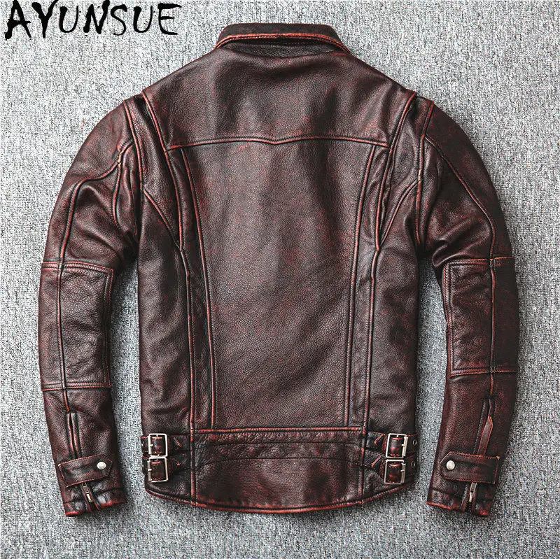 AYUNSUE Spring Autumn Genuine Leather Jacket Men Reddish Brown Distressed Top Layer Cowhide Leather Motorcycle Coat Swallow Tail
