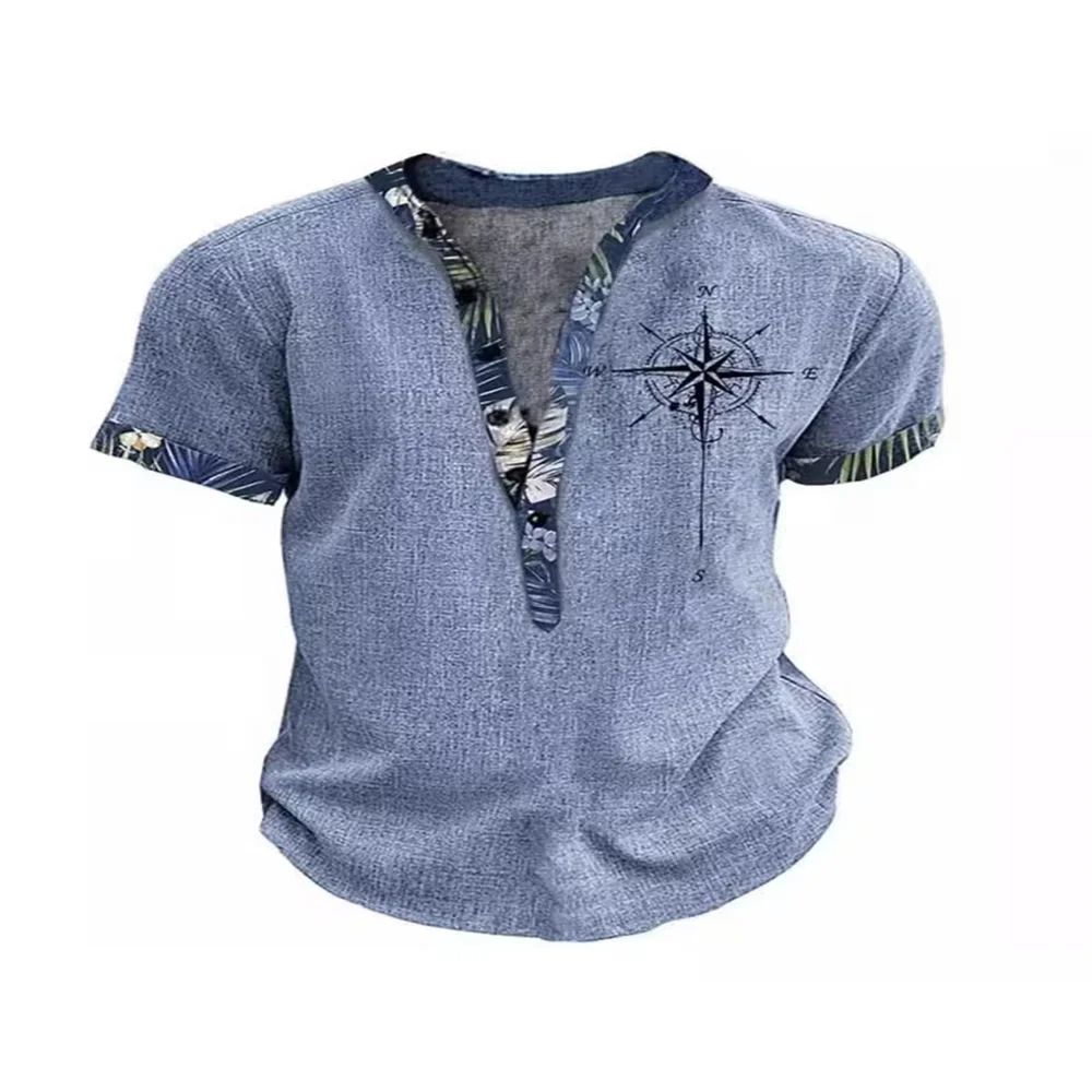 Summer 3D Printed Henry Short Sleeve Shirt Men's Fashion Street Clothing Button Short Sleeve Men's Top