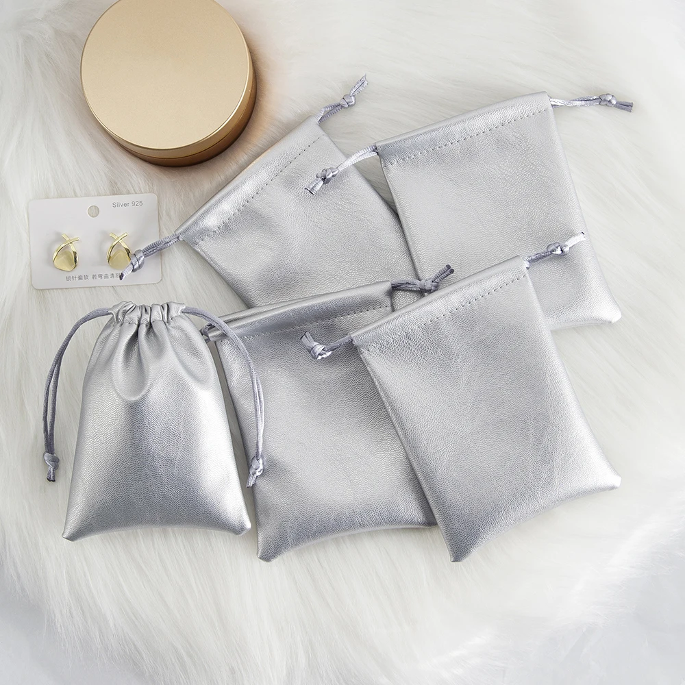 10pcs Luxury Jewelry Gift Dust Bag Silver Drawstring PU Leather Packaging Pouch For Cosmetic Perfume Pendant Candle Earrings