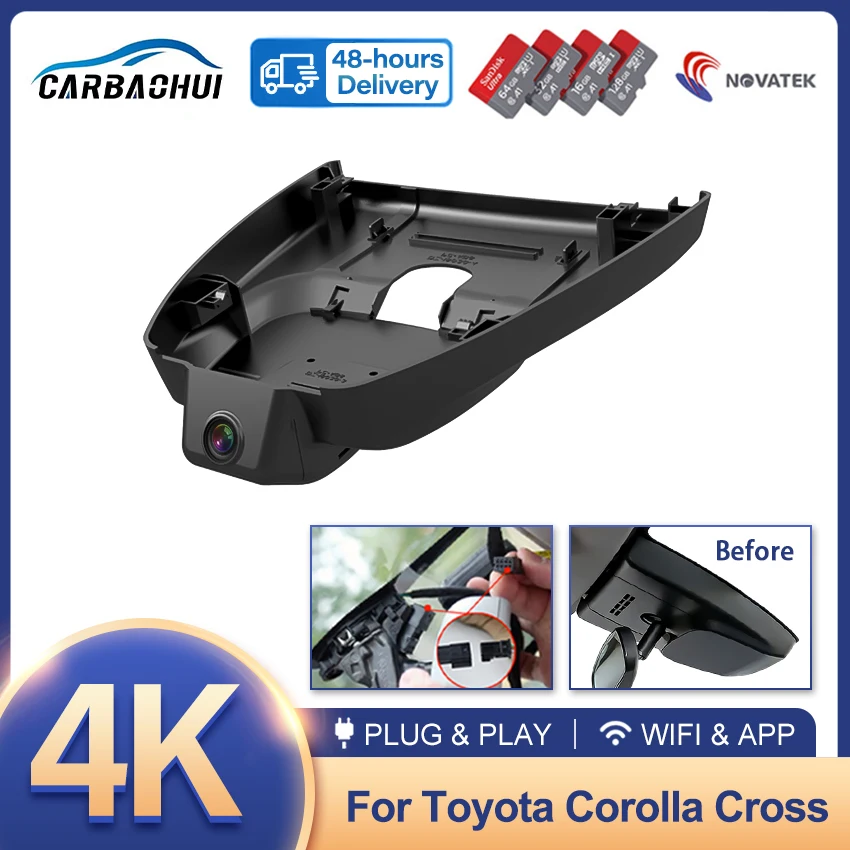 For Toyota Corolla Cross 2023 2024 2025 2026, 4K Dash Cam Front and Rear Car DVR Camera Plug and Play Wifi Video Recorder
