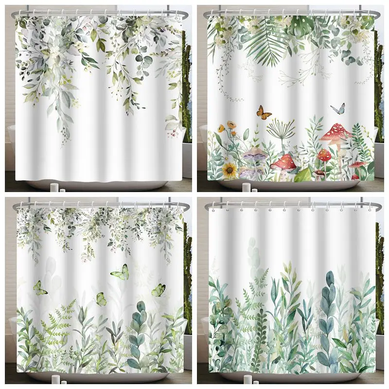 Green Eucalyptus Leaves Plant Shower Curtain Watercolor Leaf Floral Flower Boho Waterproof Bathtub Bathroom Shower Curtain Decor