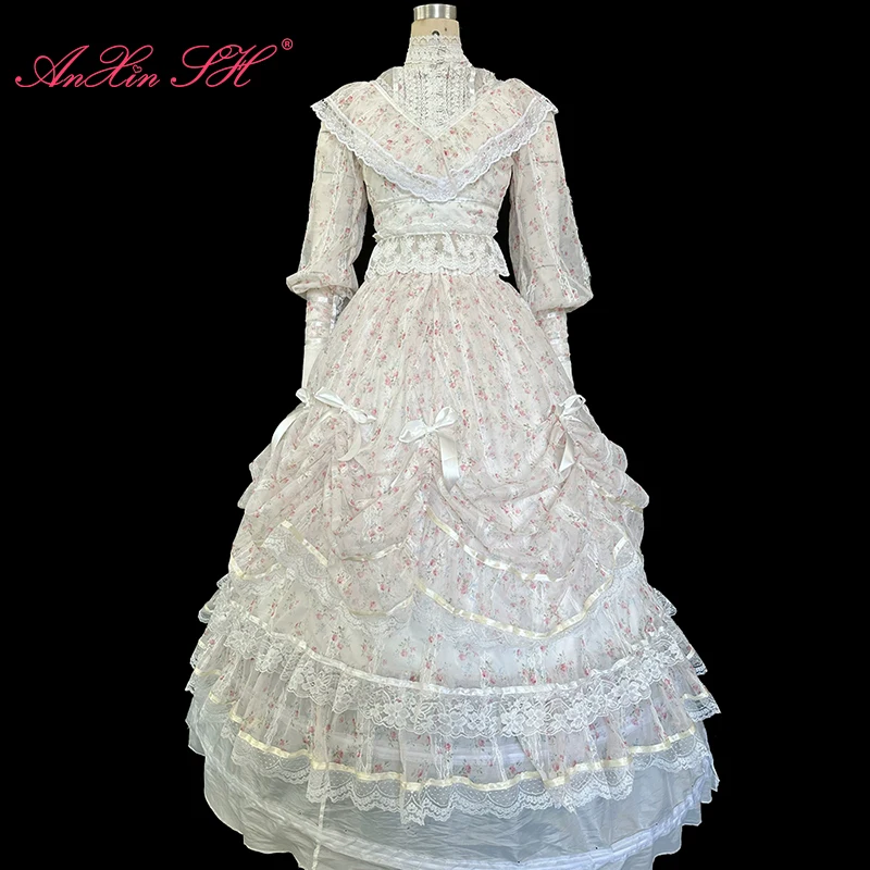 AnXin SH vintage princess pink flower chiffon high neck long sleeve white lace bow zipper pearls a set customized evening dress