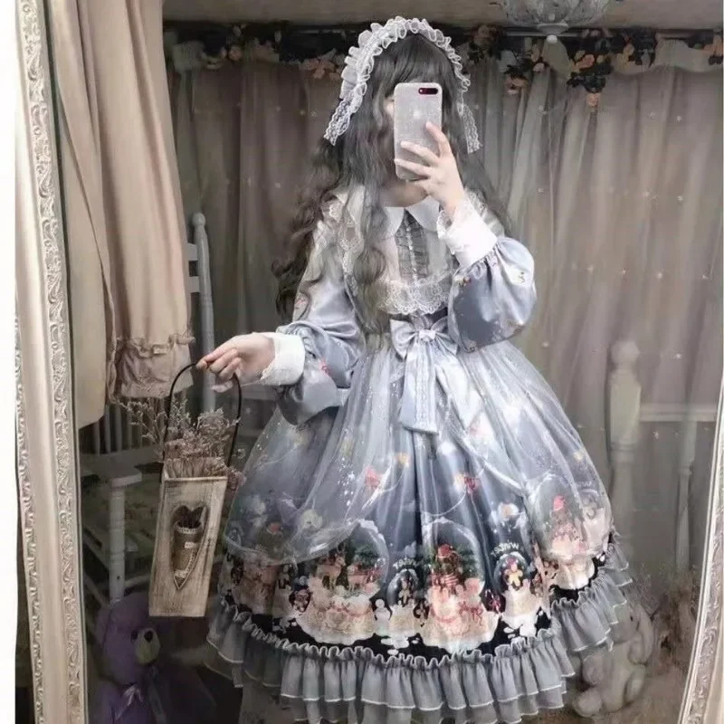 Harajuku Kawaii Lolita Lace Dress for Women 2024 Autumn Slim Waist Bow Dresses Y2k E-Girl Long Sleeve Vestidos Mujer