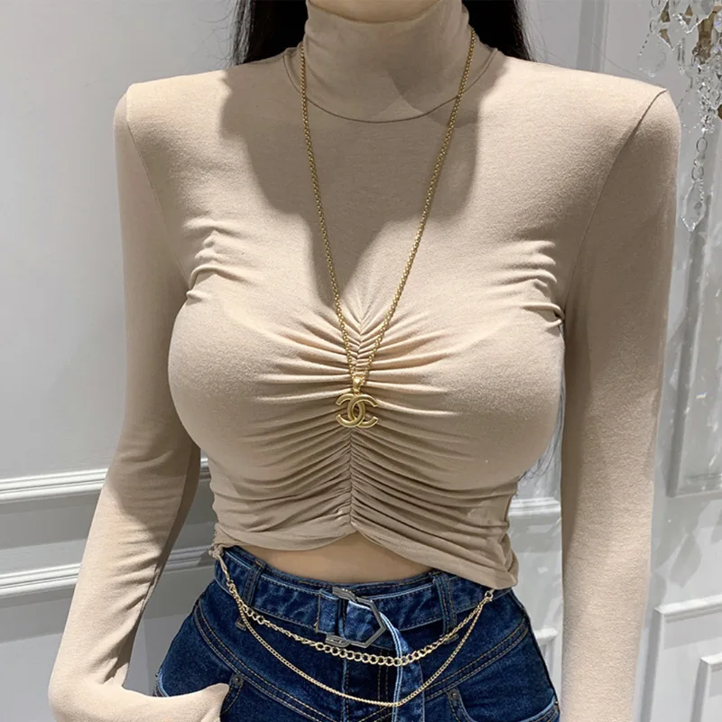 New Micro Transparent Sexy Women's Half High Collar Folded Waist Exposed Long Sleeve T-shirt