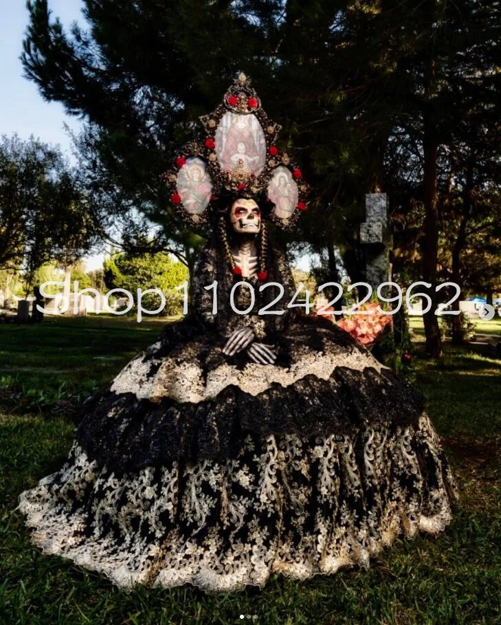Black Gold Charro Catrina Quinceanera Dresses Mexican Long Sleeve Applique Lace Puffy Skeleton Corset vestido de baile 15 anos