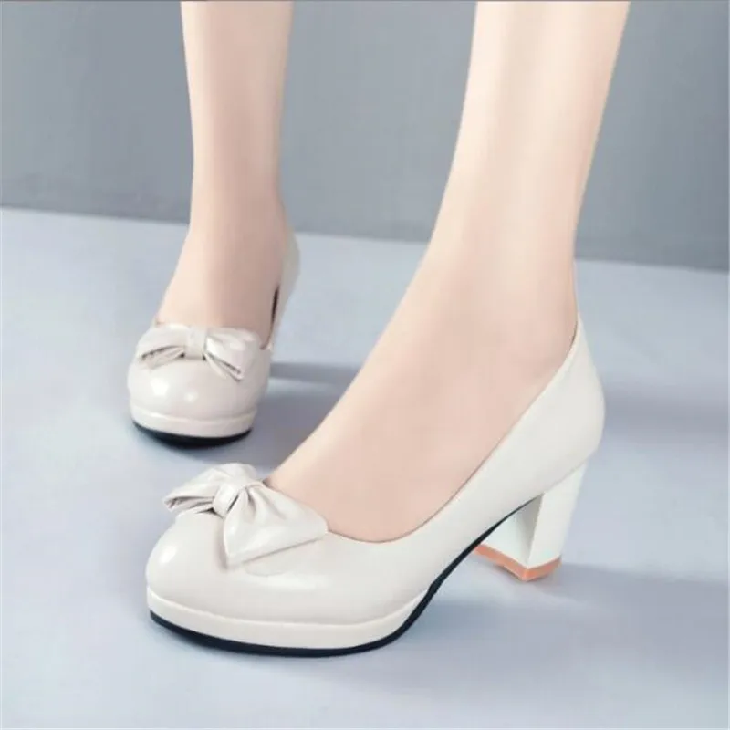 Girls' Shoes Spring 2022 Bowtie High Heels Women Pumps Party Sweet Pink Black White Bride Wedding Block Heel Ladies Shoes