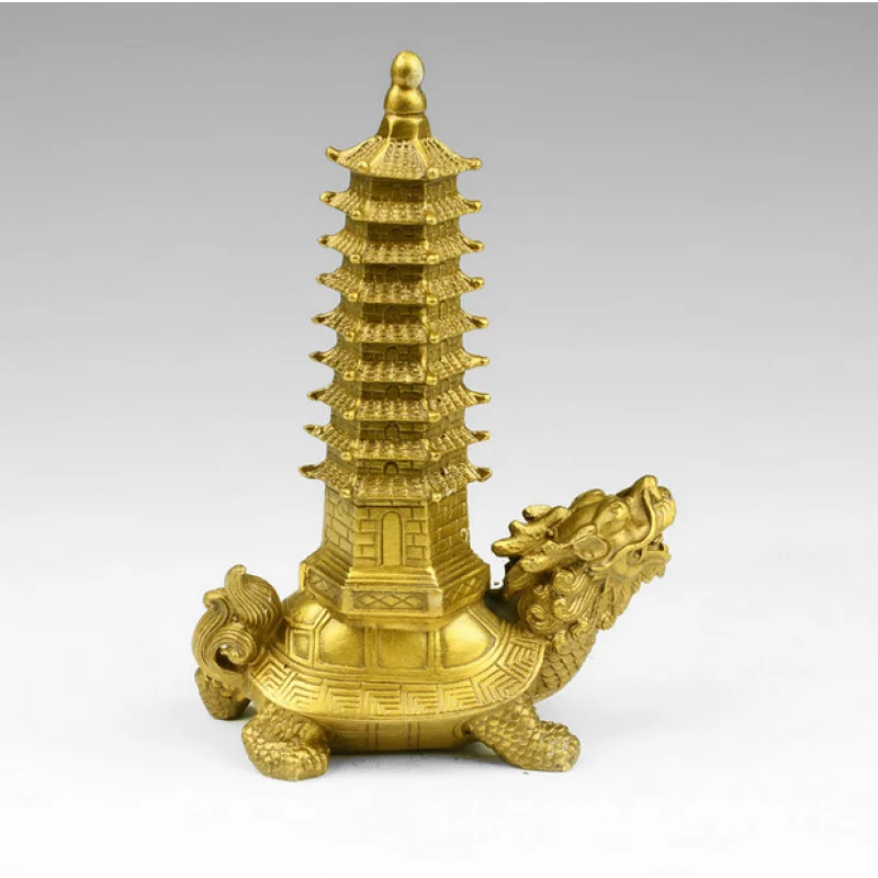 Ornament, Nine-Tiered Feng Shui Tower for Career Success, Brass Dragon Head Turtle