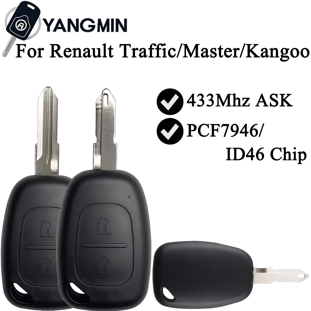 

YANGMIN Remote Car Key Fob For Renault Traffic Master Movano Kangoo Vivaro 433 MHz ID46 Chip PCF7946 NE73 VAC102 Blade 2 Buttons