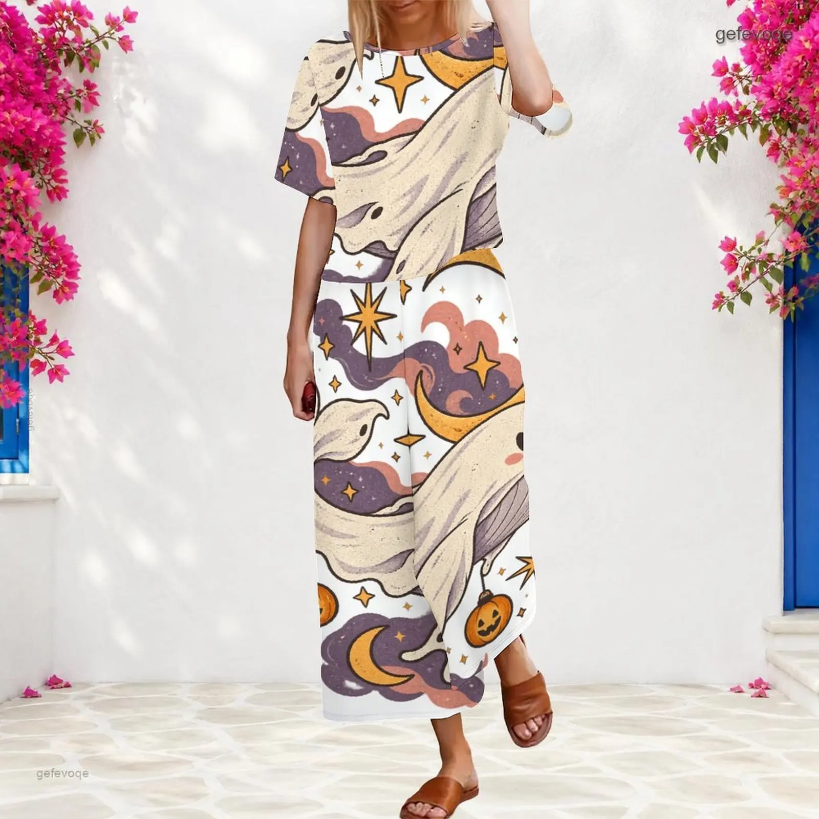 Women Cartoon Ghost Star Moon Pumpkin Printed Short Sleeve Top Wide Leg Pants Two Piece Set
