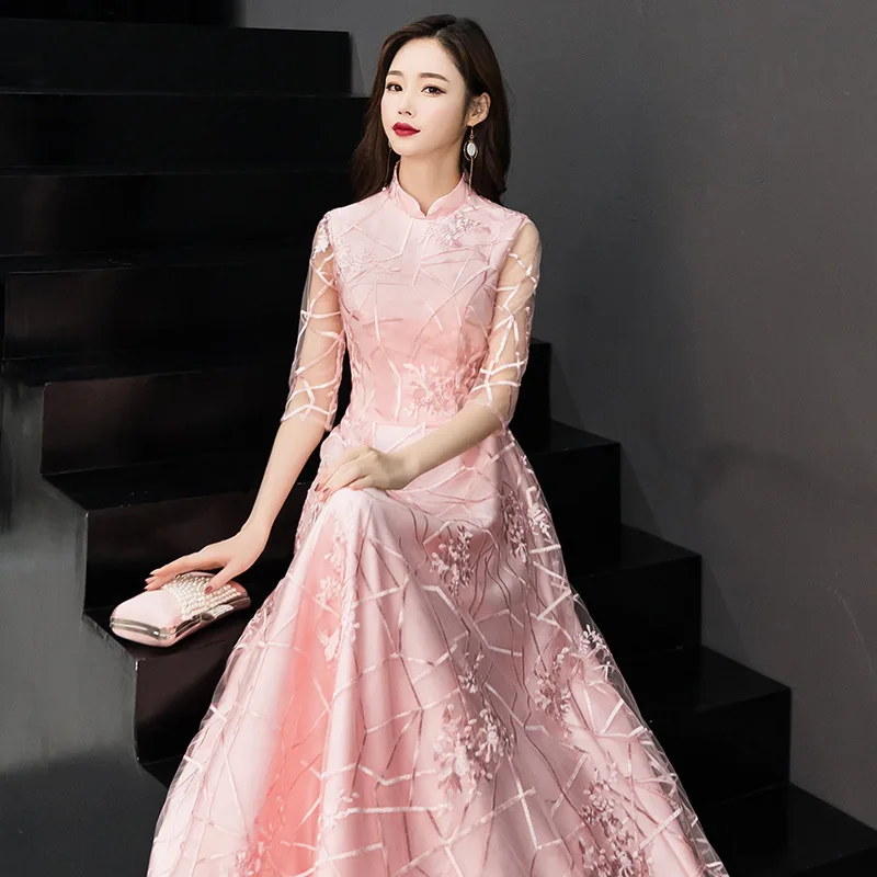 

Ladies Prom Dress Chinese Style Bridesmaid Clothing Sexy Lace Stand-up Collar Mid-sleeve Slimming Party Skirt Host Vestidos