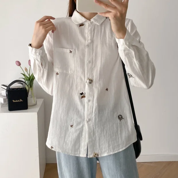 New Autumn Cotton Long Sleeve Shirts, Women Polo Collar Cat Embroidery Top, Mori Girl Casual OL Loose Blouses, Winter T48741QM