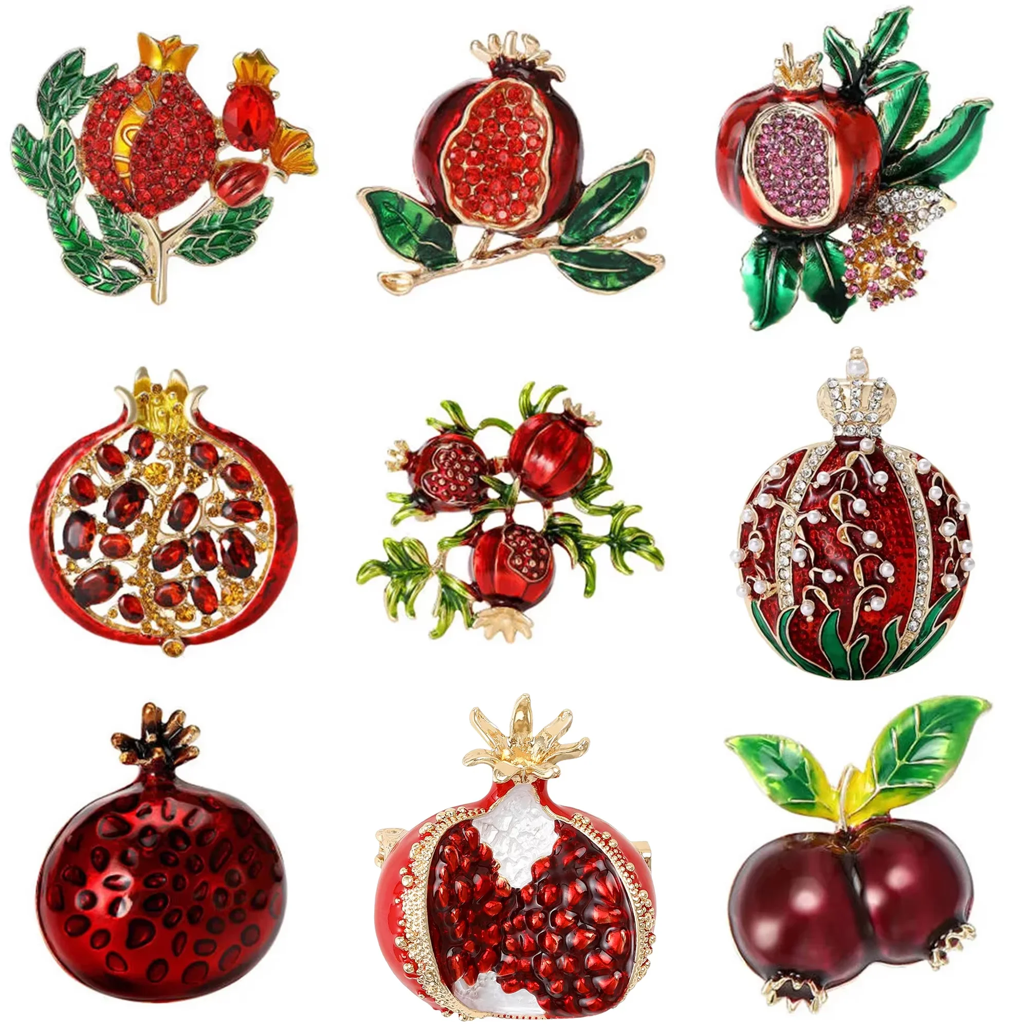 Rhinestone Pomegranate Brooch, Enamel Fruit Design
