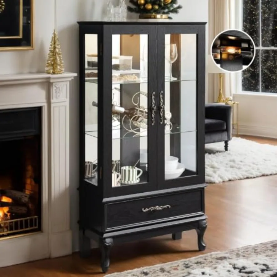 Living room china display case: 52 lighted accent curio cabinet, antique-finish wood, warm white LED lighting, tempered glass a