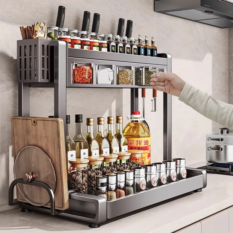 

New Kitchen Storage Rack Multi-Layer Spice Rack Household Condiments Multi-Functional Knife Holder Hook Countertop Storage Rack