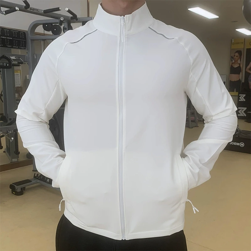 Men\'s Running Sport Jackets Quick Dry Stand Collar Long Sleeve Jacket with Zip Pockets Workout Training Coats For Man White Coat