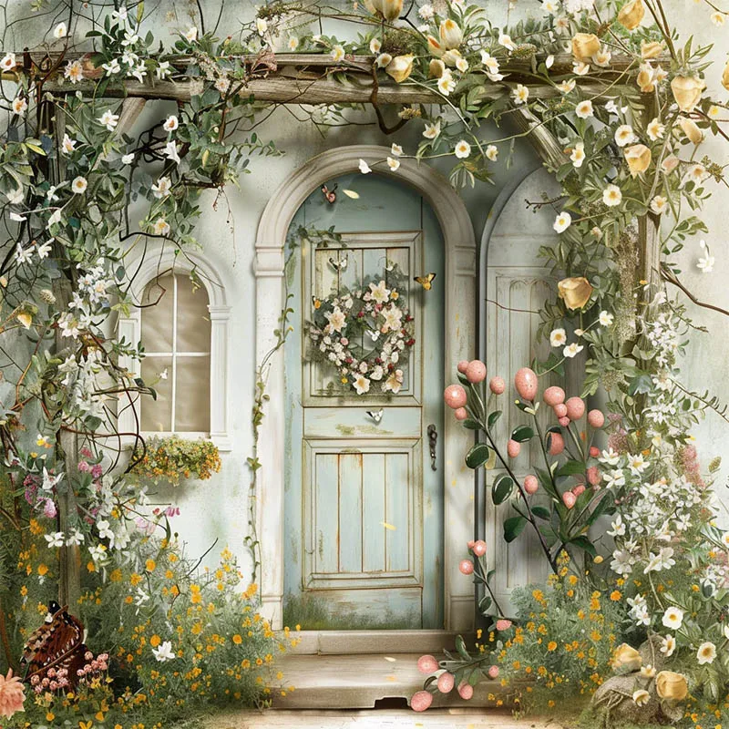 Mehofond Photography Backdrop Vintage Spring Easter Newborn Birthday Party Front Door Eggs Props Flower Wooden Photo Background
