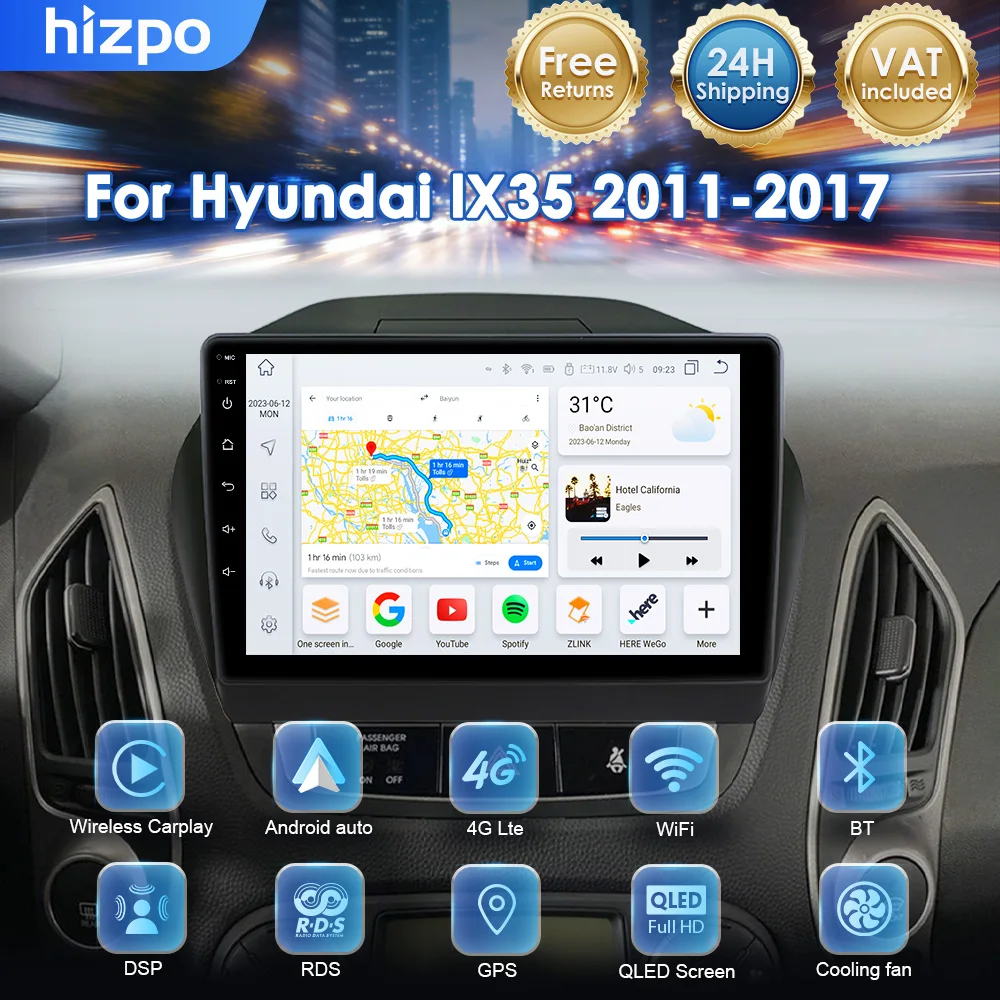 Hizpo 8GB +128GB 8Core Lettore Multimediale per Auto Radio per Hyundai Tucson 2 IX35 2011 - 2017 GPS 2 Din Wireless CarPlay Android Auto Navigazione 4G WIFI