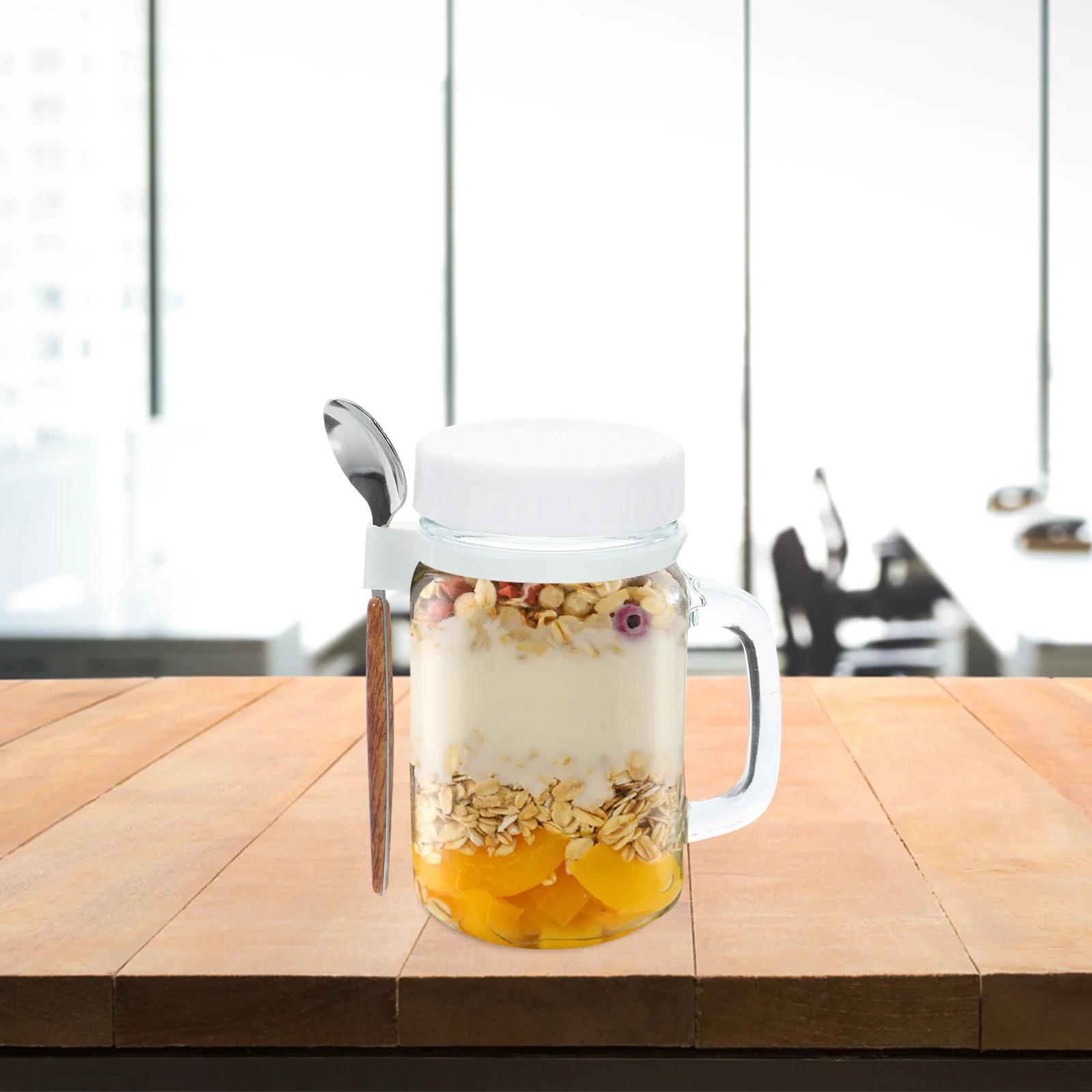 

1 set Overnight Oatmeal Container Glass With Lid Spoon Clear Large Mouth Food Jar For Breakfast Yogurt Storage Reusable Airtight