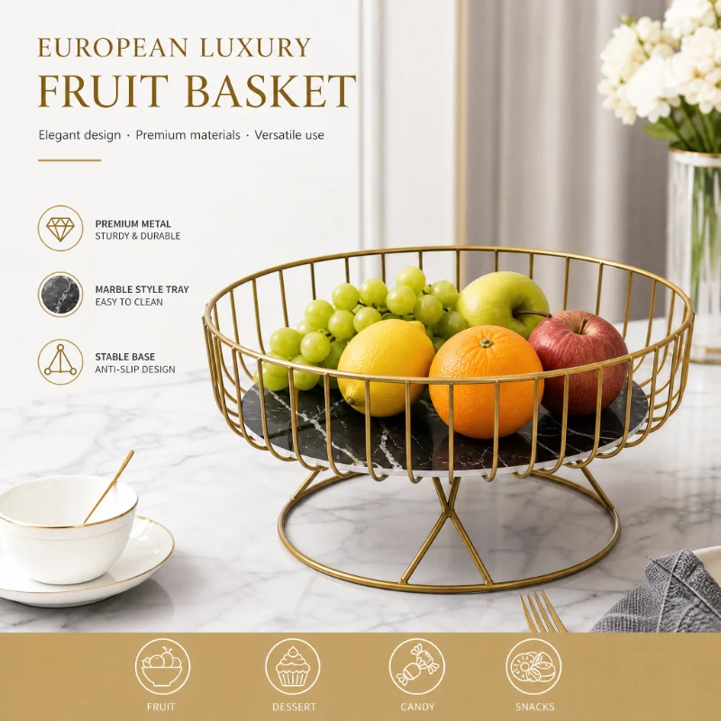 Luxury Metal Fruit Basket Round Tabletop Storage Tray, Home Decor Dessert Candy Display Stand