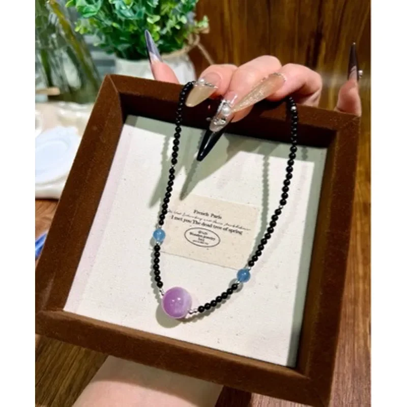 14Mm Purple Lithium Hui Sea Blue Treasure Obsidian Necklace Necklace Simple Design Light Luxury Dopamine Crystal Clavicle