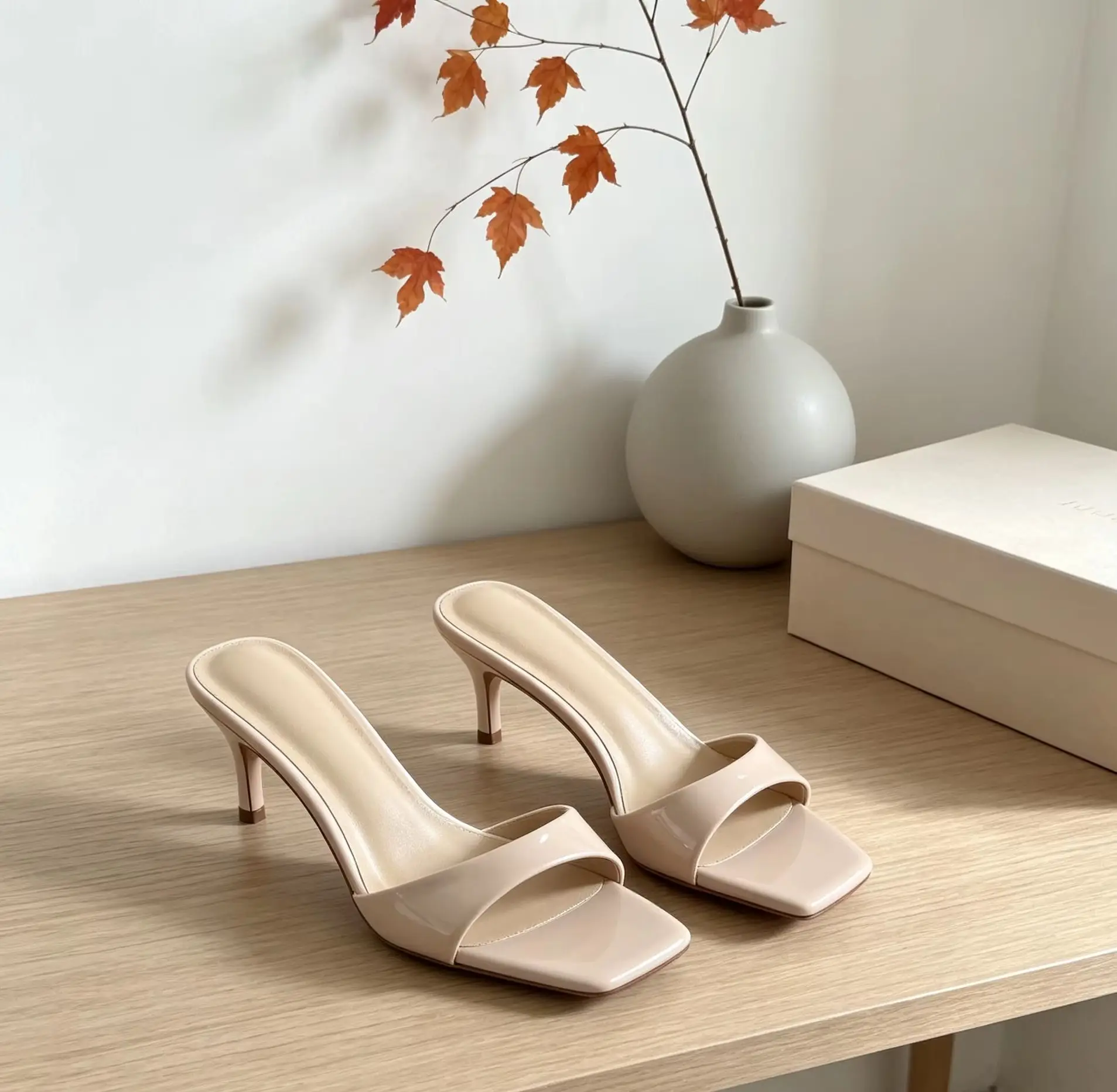Women's Nude Patent Leather Square Open Toe Stiletto Heel Pumps Mules Elegant Daily Concise Sexy Beach Party Ladies Summer Shoes