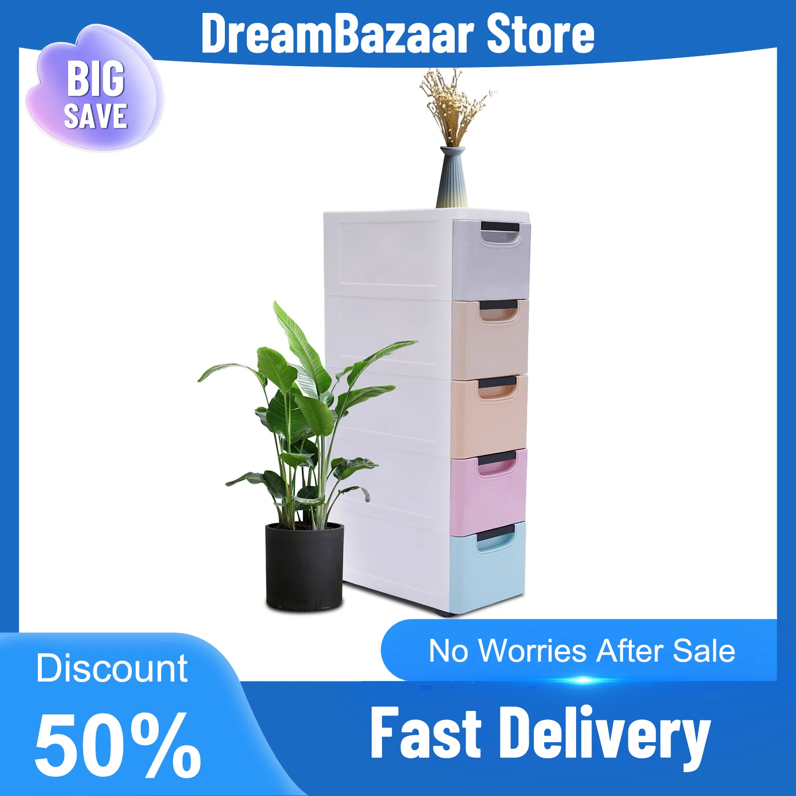 

5 Multi Color Drawer Storage Cabinet for Bedrooms Living Rooms Clothes Toys Organizer with Smooth Wheels Stackable PP Modern
