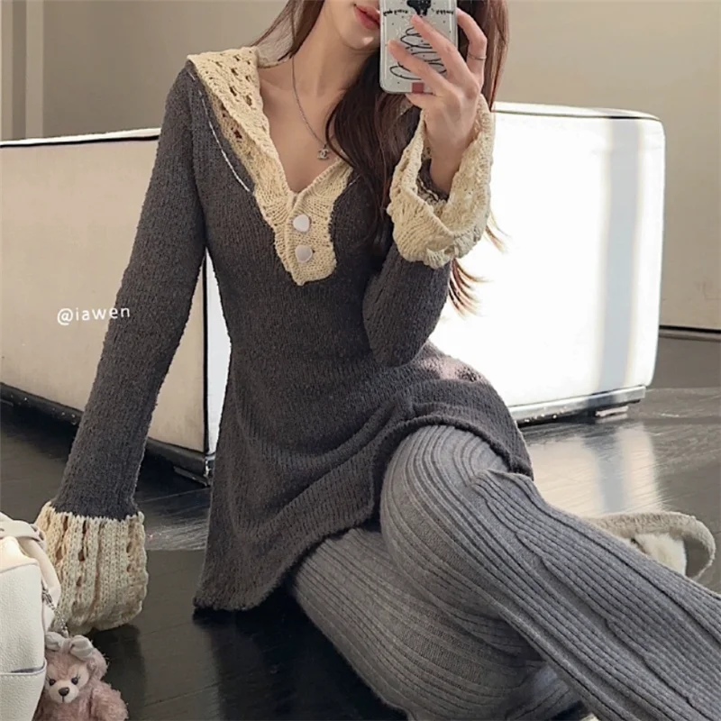 Fashion Women Knitted Two Piece Sets Hollow Flare Sleeve Sweater pullover&High Waist Long Flare Pants Sets Casual 2pc Outfits