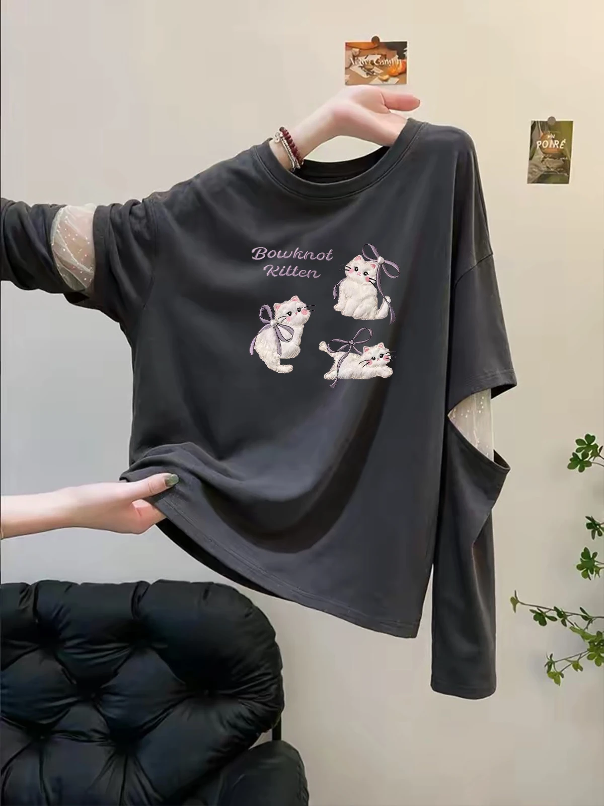High-End Women's Long Sleeve T-Shirt Mesh Splicing Fake Two-Piece Autumn Fashion Versatile Beautiful Top Relaxing Style Creat...