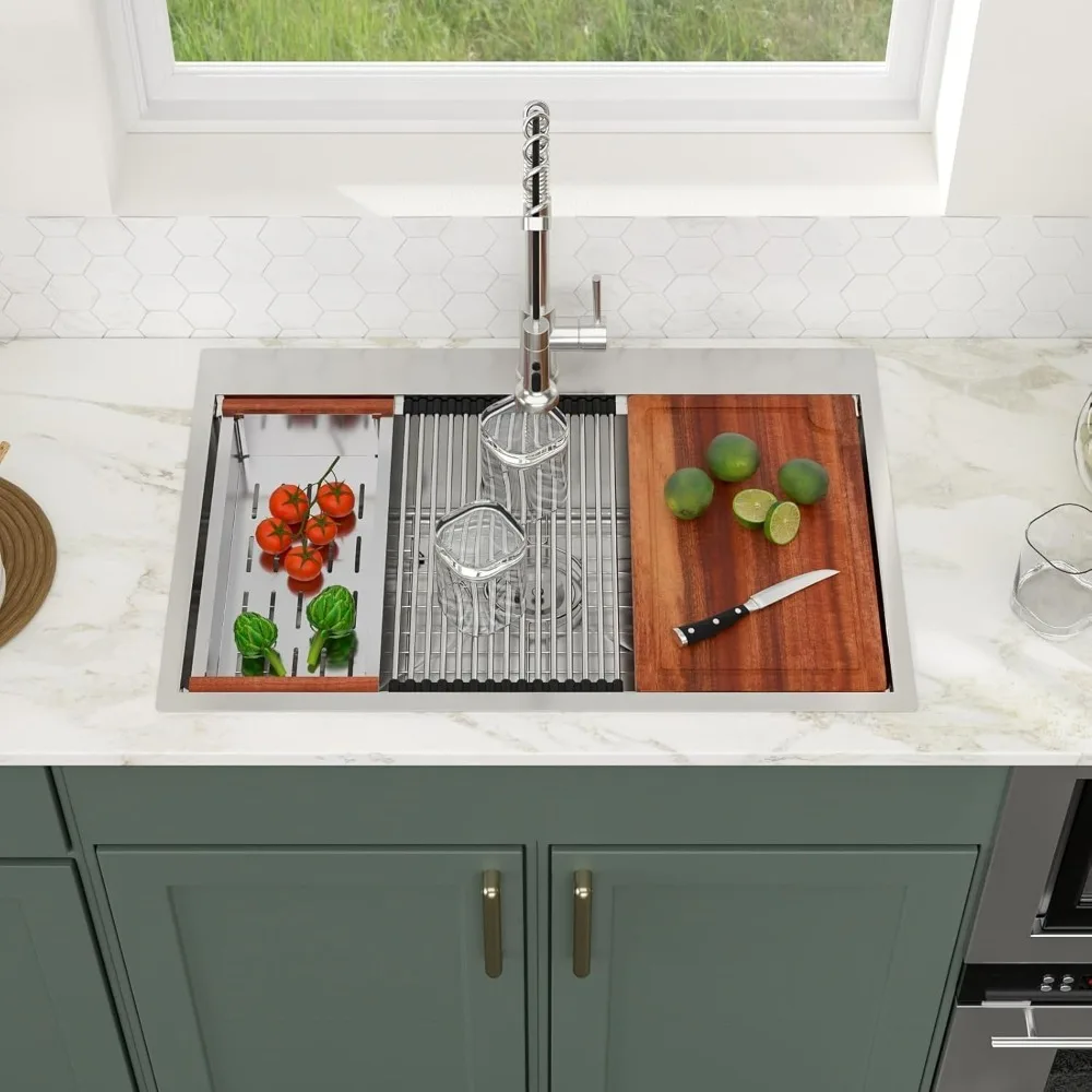 

33 Drop In Kitchen Sink - 33x19x9 Inch Topmount Stainless Steel 16 Gauge Workstation Sinks Ledge Single Bowl