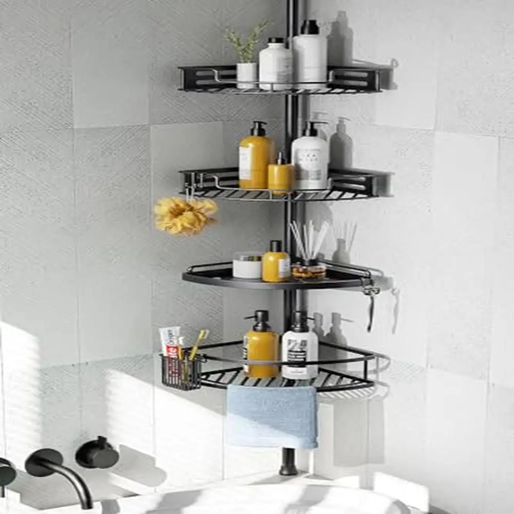 

Adjustable 4-Tier Shower Caddy Organizer Stainless Steel Quick Installation Towel Bar Hooks Rustproof Bathroom Shelves Storage