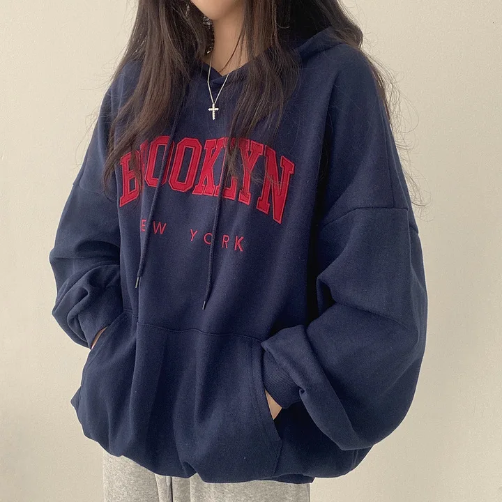

Korean Style Hooded Sweatshirt Women's Streetwear Embroidered Letter Fleece Lined Casual Versatile American Style Top