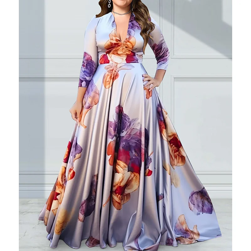 Floral Printing Women Plus Size Empire Maxi Dresses Elegant Multicolor V Neck 3/4 Sleeve Long Dress Party Wedding Evening Dress