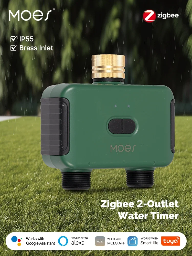 MOES Tuya Smart ZigBee 2-Ausgang-Wasser-Timer, Messing-Innlet-Sprinkler mit Filter, programmierbare Bewässerung, funktioniert mit Alexa GoogleHome