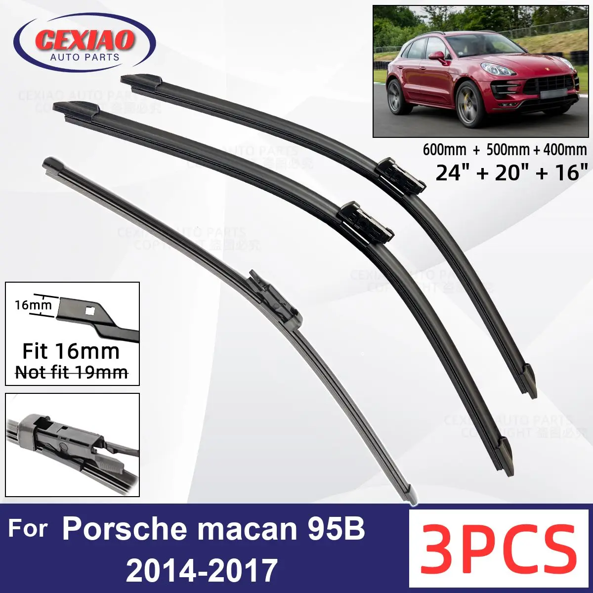 

For Porsche macan 95B 2014-2017 Car Front Rear Wiper Blades Soft Rubber Windscreen Wipers Auto Windshield 24"+20"+16" 2015 2016