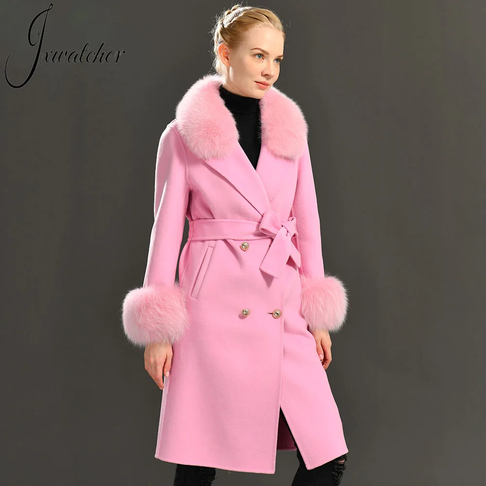 Women\'s Cashmere Wool Coat Spring Real Fox Fur Collar Woolen Trench Jacket Winter Adjustable Waist Slim Ladies Long Overcoat