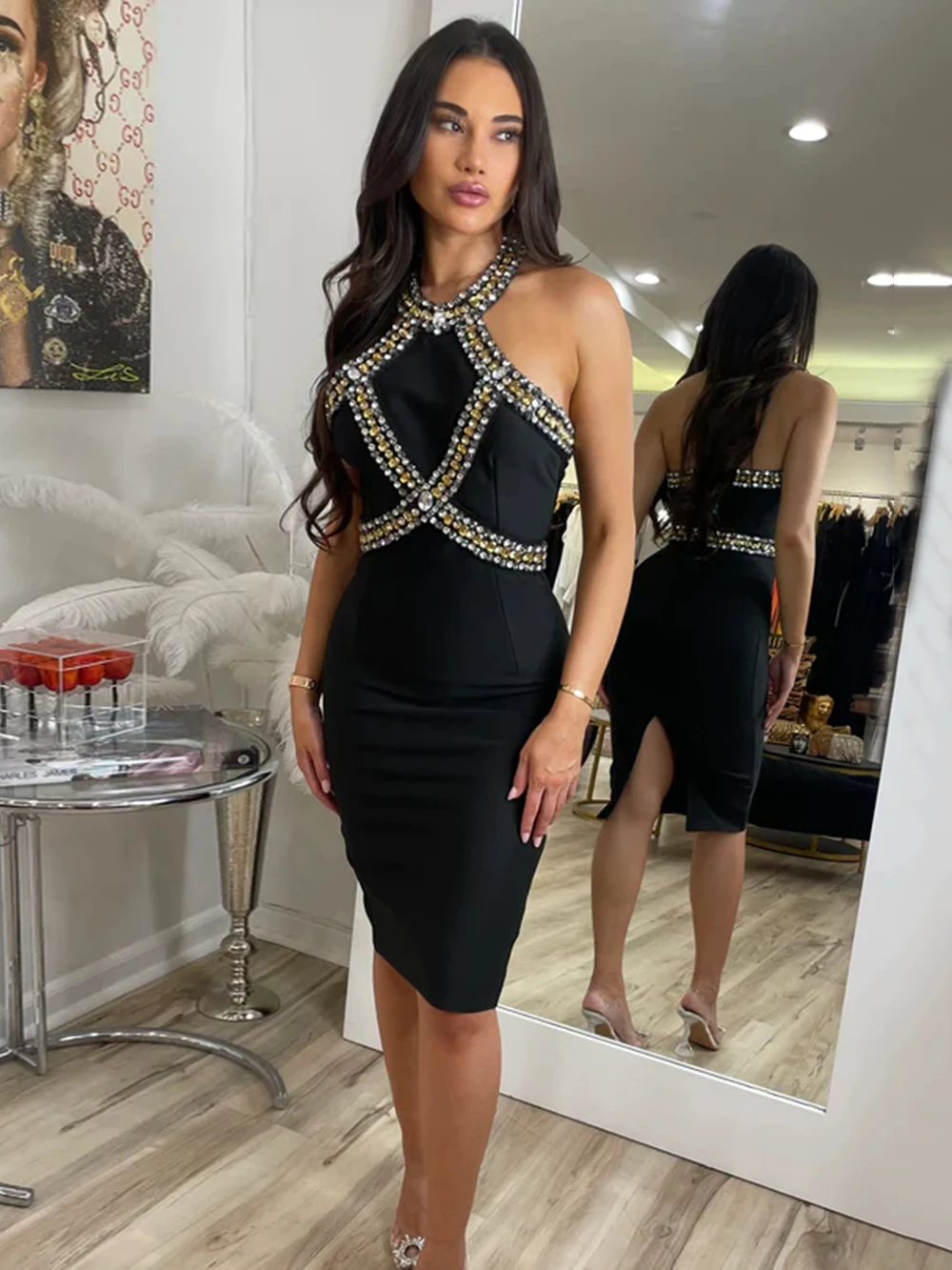 Frauen Sommer sexy rücken freie Halfter Luxus Diamanten funkelnden schwarzen Bodycon Verband Kleid Promi Party Abend kleidung