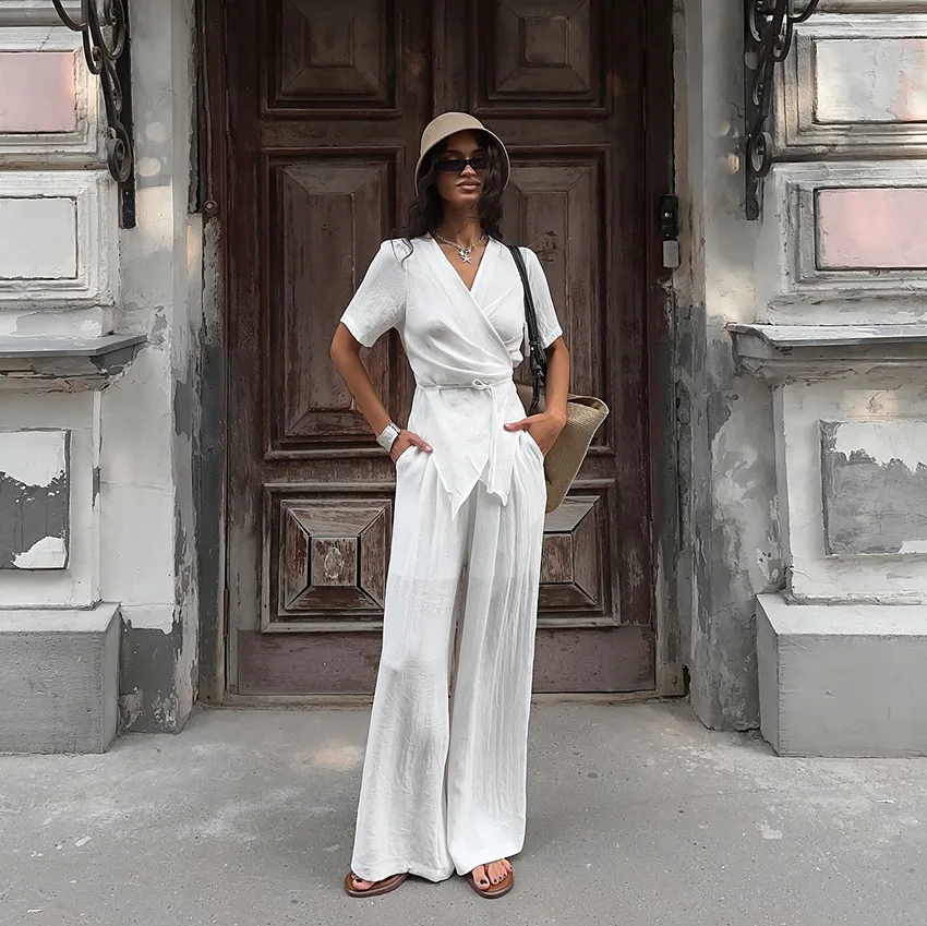 

2026 Fashion White Wrap Top Wide Leg Pants Set Women Summer Casual V Neck Short Sleeve Tie Front Suit Loose Beach Two Piece Sets