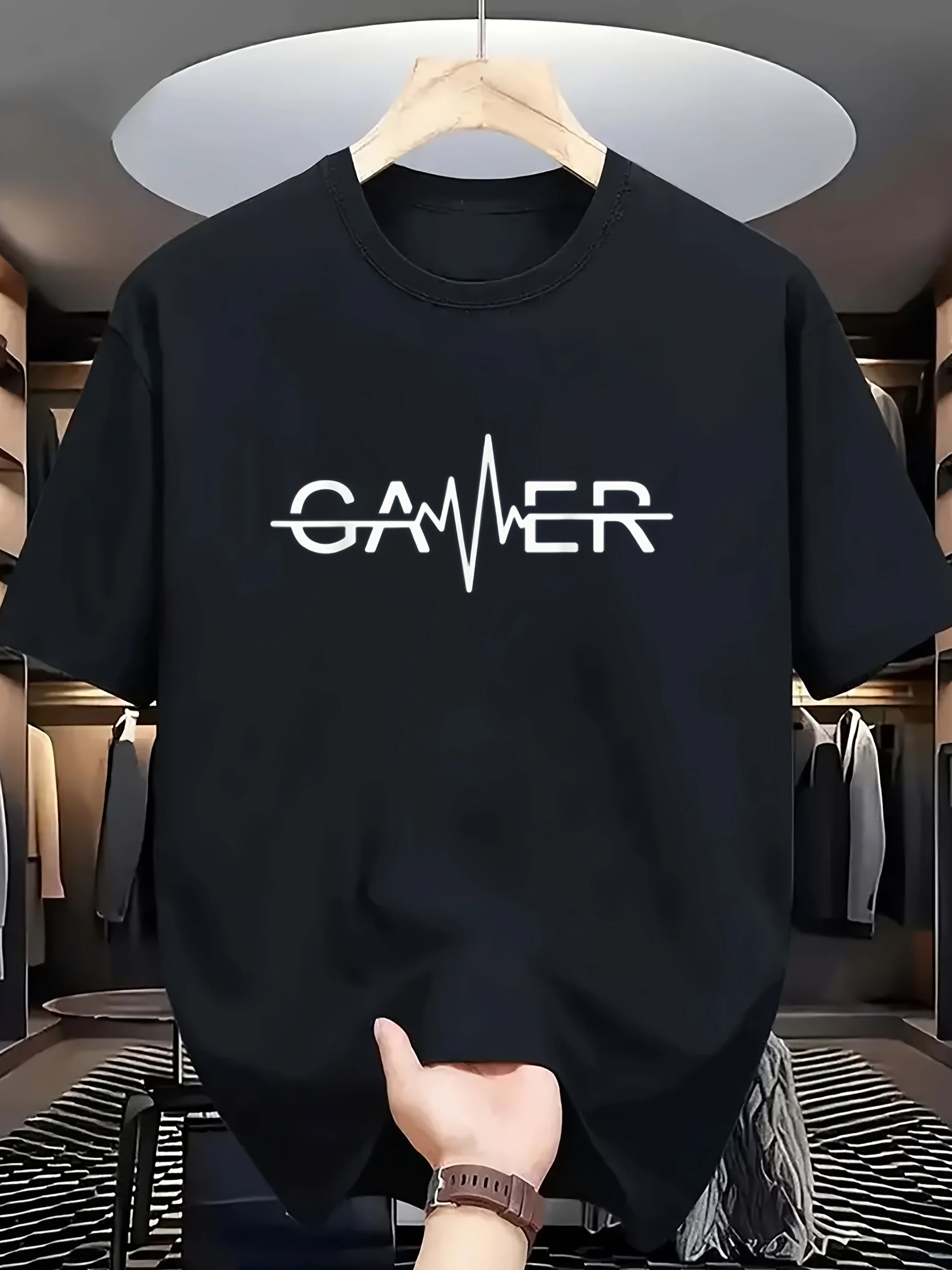 تي شيرت Gamer Theme بأكمام قصيرة، قميص برقبة دائرية مطبوع عليه "GAMER" EKG، أنيق بسيط أسود متعدد الاستخدامات بنصف كم