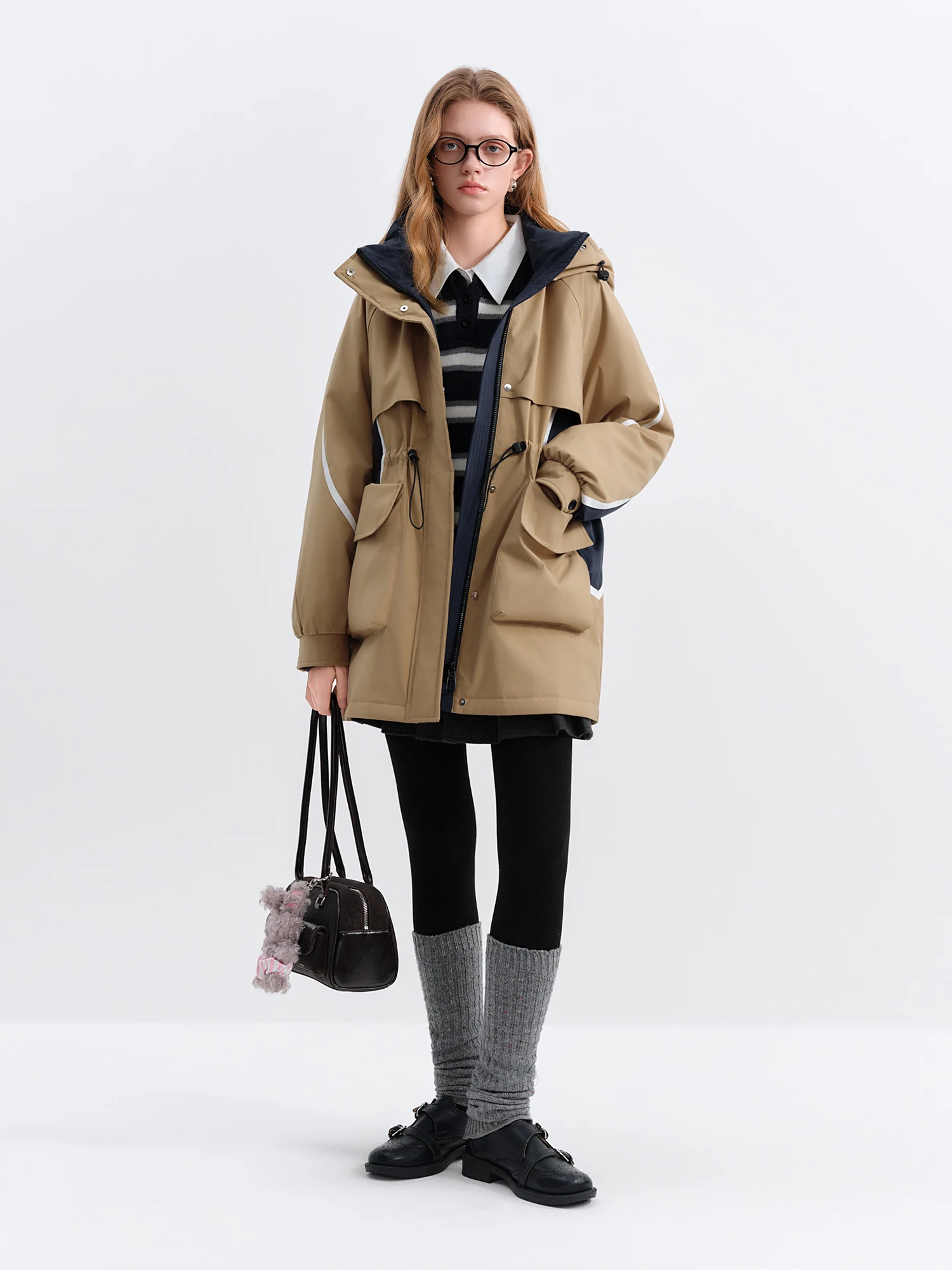 FSLE 2025 الخريف الشتاء المرأة الوقوف طوق مقنعين كتلة اللون معطف منتفخ الرجعية مربوط الخصر أسفل سترة Vintage سترة معاطف #3